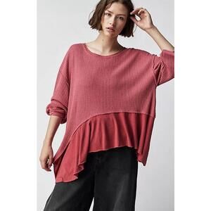 We The Free Top Asymmetric Waffle Knit Oversized Pink Thermal Distressed Small